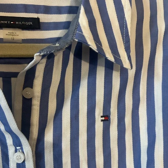 Tommy Hilfiger Women's Blue and White Stripped Collared Mini Cotton Shirt Dress - Picture 4 of 6